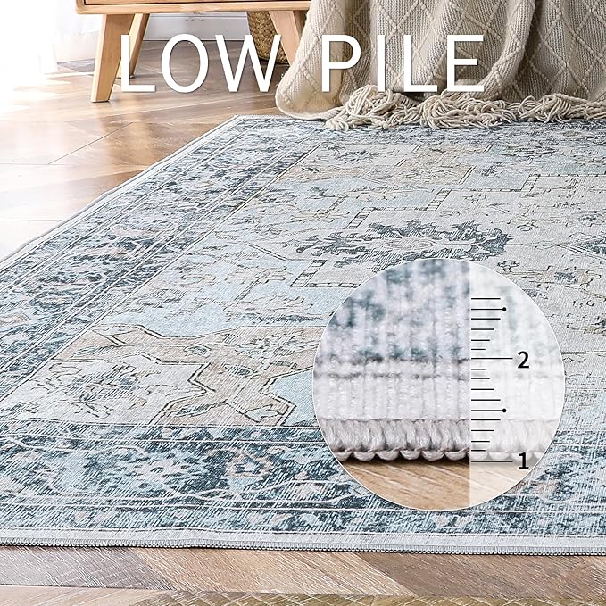 GENIMO Runner Rug 2'6"x6, Non Slip Vintage Hallway Runner Rugs, Low Pile Lightweight Machine Washable Mat for Hallway, Entryway, Bedroom, Kitchen and Corridor, Blue