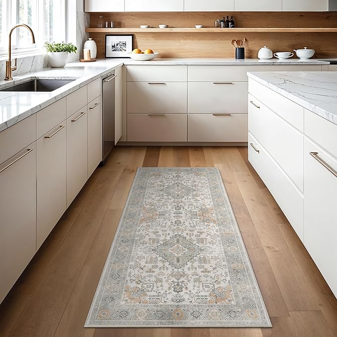 Bavni 2x5 Washable Runner Rug for Hallway, Vintage Grey Rug with Non-Slip Backing, Oriental Distressed Print Indoor Kitchen Runner, Low Pile Thin Soft Small Rugs for Entryway, Bedroom, Laundry Room