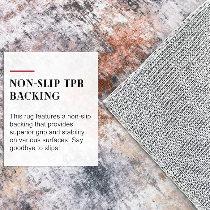 Modern Abstract Runner Rug for Bedroom 2x7, Grey Orange Multi Washable Kitchen Runner, Non-Slip Soft Thin Faux Wool Mat for Entryway, Hallway, Laundry Room Indoor
