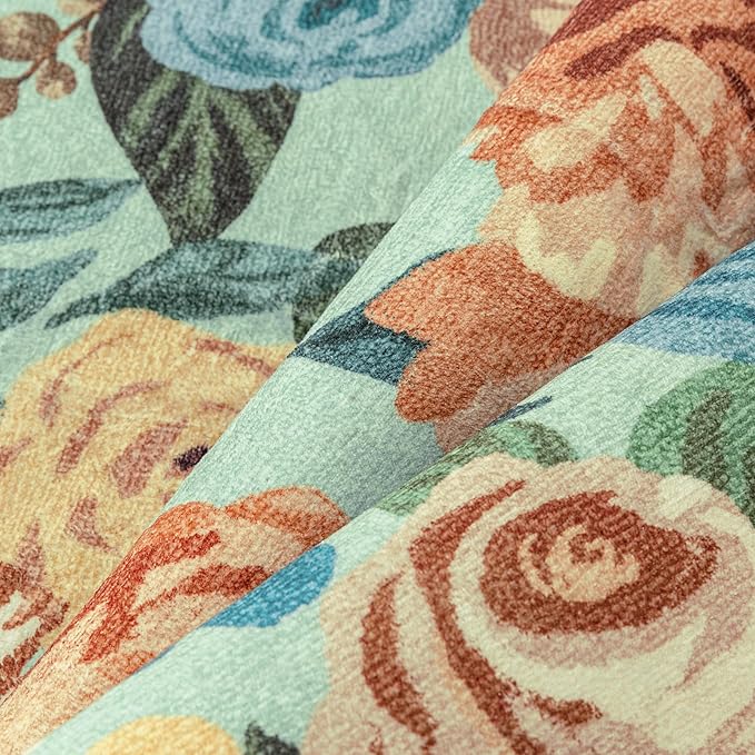 Washable Floral Runner Rug 2x6 Green Hallway Carpet Scalloped Flower Non Slip Soft Long Kitchen Runner Farmhouse Low Pile Thin Indoor Floor Cover for Bathroom Bedroom Laundry Room Entryway