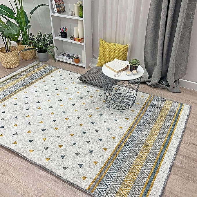 Alfa Rich 5x8 Gold Gray Off White Washable Area Rugs for Living Room Bedroom Kitchen Decor Cotton