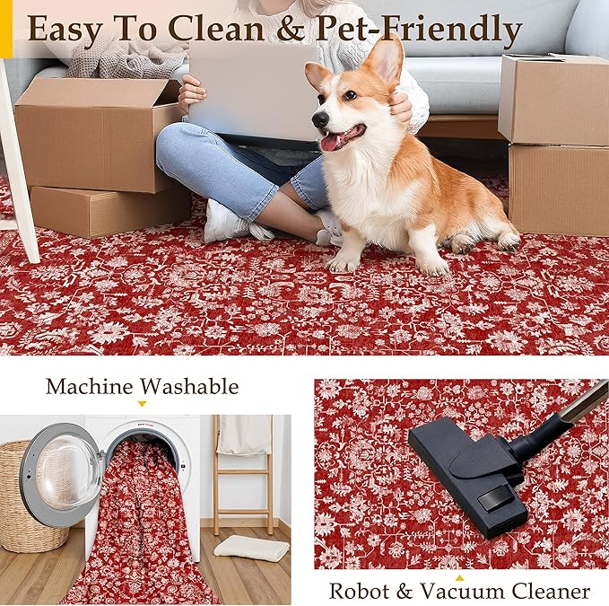 Christmas Area Rug 5x7 Red Washable Living Room Carpet Retro Distressed Floral Holiday Decor Rug Non Slip Soft Decorative Xmas Doormat for Bedroom Office Dining Room Bathroom Kitchen