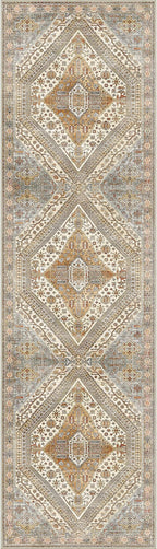 Bavni Runner Rug 2x12 Kitchen Rugs for Hallways Entryway, Washable Vintage Print Carpet, Ultra-Thin Chenille Low Pile Lightweight Rug with Non Slip Backing, Light Tan/Grey