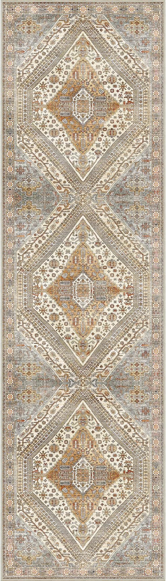 Bavni Runner Rug 2x10 Kitchen Rugs for Hallways Entryway, Washable Vintage Print Carpet, Ultra-Thin Chenille Low Pile Lightweight Rug with Non Slip Backing, Tan/Grey