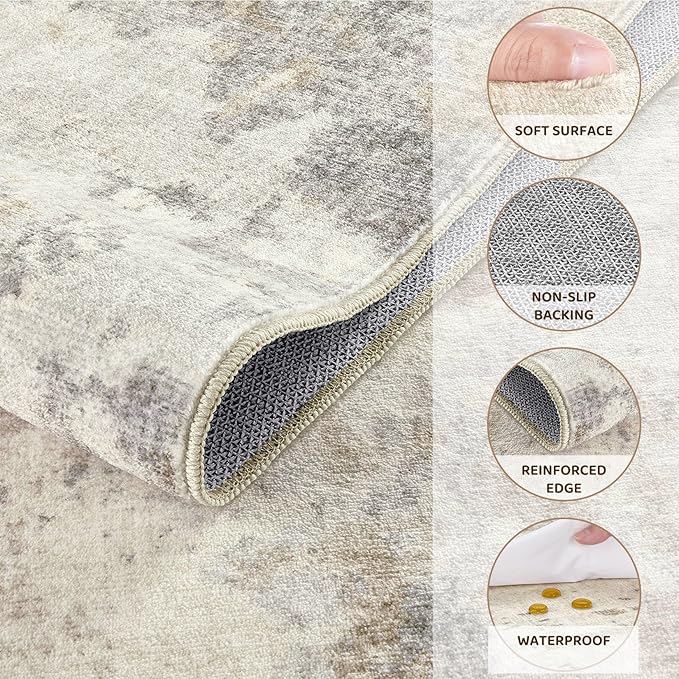 4x6 Area Rug Living Room Rugs - Washable Neutral Modern Abstract Soft Thin Rug Indoor Floor No Slip Rug Carpet for Bedroom Under Dining Table Home Office Decor - Light Brown/Gray
