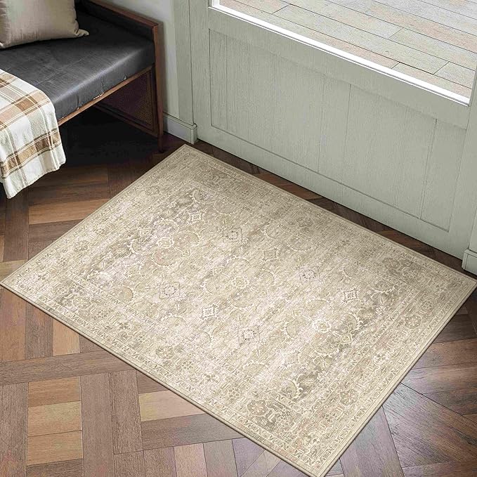 HUGEAR 2x3 Washable Area Rug Beige Vintage Neutral Small Entryway Rug Soft Non Slip Distressed Carpet Low Pile Pet Friendly for Bathroom Kitchen Hallway Porch Foyer