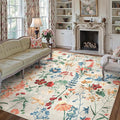 Beige Area Rug 8x10 Floral Washable Living Room Kitchen Boho Carpet Non Slip Low Pile Indoor Accent Lightweight Soft Throw Rug for Bedroom Office Dining Room Nursery Farmhouse