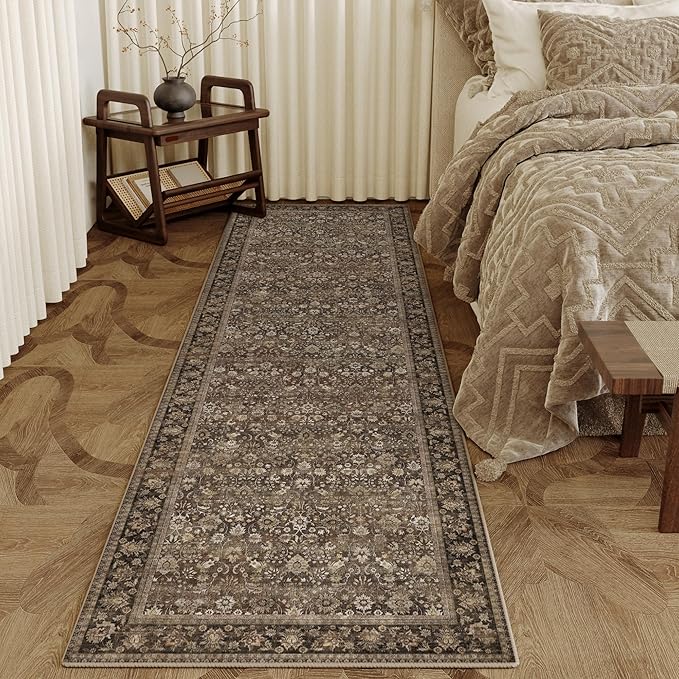 HUGEAR 2x10 Runner Rug Machine Washable Brown Hallway Area Rug Indoor Accent Rug Floral Low Pile Carpet Soft Throw Rug Bedroom Living Room Office Dining Room Kitchen Laundry Room Non Slip