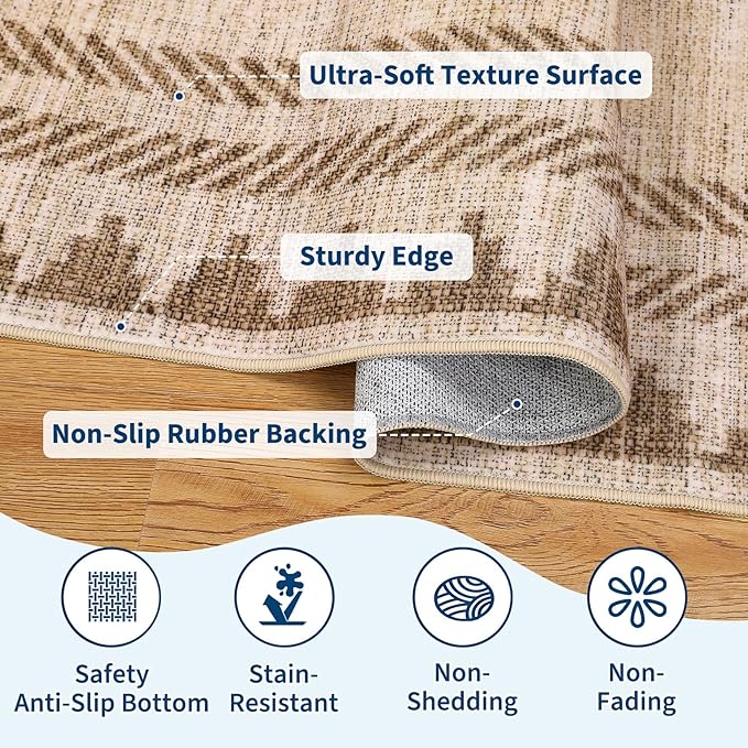 Bordered Printed Non Slip 2x6 Runner Rugs for Hallway Modern Geometric Washable Soft Long Kitchen Rug Stain Resistant Foldable Indoor Rug for Entryway Bedroom, Beige Brown