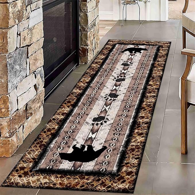 Unique Wildlife Runner Rug, 3.3x10ft, Bear Border Design Area Rug, Rustic Log Cabin Runner for Entryway, Rubber Backing Durable Floor Rug, Vintage Western Decoration, Fade-Resistant Print Carpet