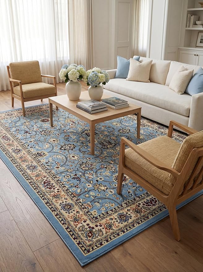 Rugs.com Yasmin Collection Rug – 8' x 10' Light Blue Medium Rug Perfect for Living Rooms, Large Dining Rooms, Open Floorplans