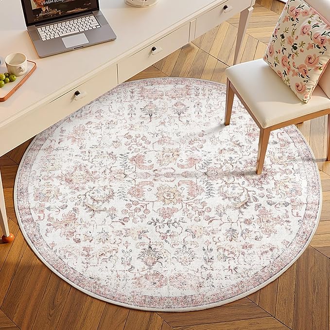 jinchan Kalen Round Rug 5ft Area Rug Washable Vintage Indoor Retro Accent Entryway Floor Cover Distressed Floral 5' Round Circle Boho Non Slip Thin Carpet for Bedroom Living Room Dining Room Red