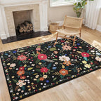 3x5 Area Rug, Floral Black Washable Rug for Entryway, Non Slip Flower Area Rugs, Soft Low Pile Indoor Doormat Small Carpet, Rugs for Living Room Bathroom Bedroom Nursery Kitchen Dining Room