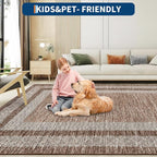GarveeHome Large Washable Rug 9x12 Modern Geometric Non Slip Distressed Bordered Printed Rug, Soft Non Shedding Indoor Carpet, Low Pile Thin Foldable Mats for Open Spaces Offices, Brown