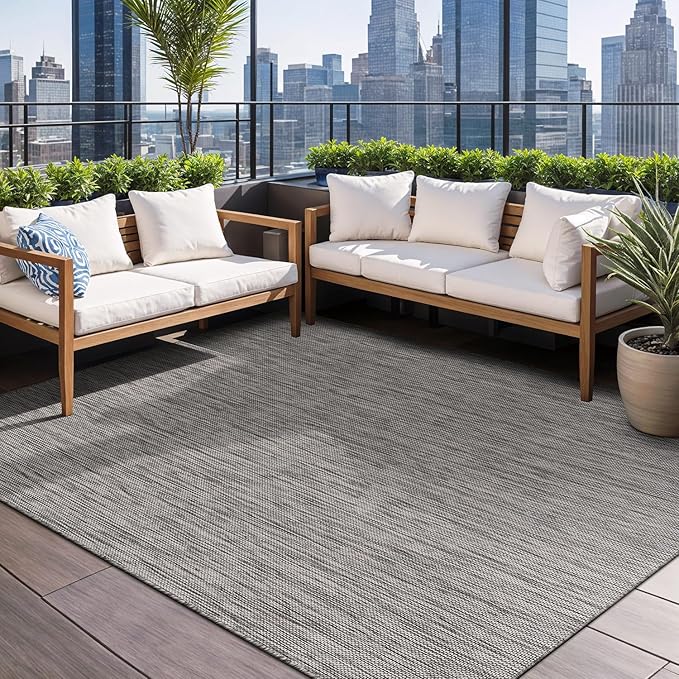 Beverly Rug Indoor Outdoor Rug 5x7, Washable Outside Carpet for Patio, Deck, Porch, Solid Modern Area Rug, Water Resistant, Silver Gray