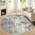 8ft Washable Round Rug - 8x8 Area Rugs Modern Abstract Rugs for Living Room Non-Slip Low Pile Soft Machine Washable Carpet for Bedroom, Living Room, Dining Room, Nursery, Farmhouse (8'x8' Tan Blue)
