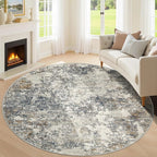 8ft Washable Round Rug - 8x8 Area Rugs Modern Abstract Rugs for Living Room Non-Slip Low Pile Soft Machine Washable Carpet for Bedroom, Living Room, Dining Room, Nursery, Farmhouse (8'x8' Tan Blue)