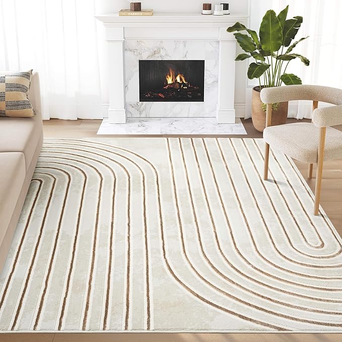 Abani Glam Collection Area Rug - Beige/Cream Modern Abstract Design - 4' x 6' - for Living Room, Bedroom & Office