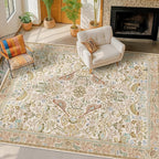Washable Area Rugs 5x7 for Living Room - Boho Cottagecore Earthy Rugs for Bedroom, Dinning Room, Office with Vintage Beige Taupe Botanical & Bird Pattern, Non Slip Stain Resistant Low Pile