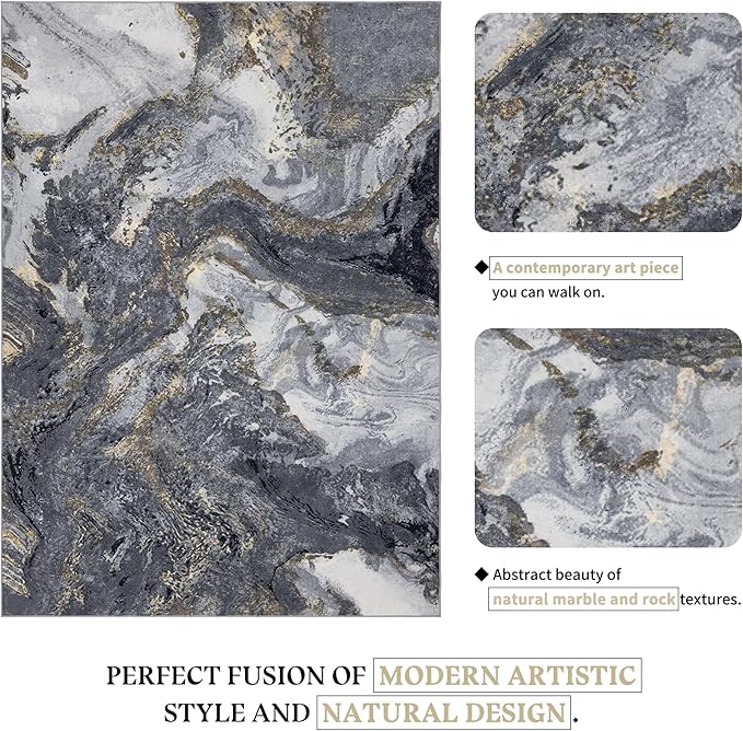 Abstract 9x12 Area Rugs: Modern Washable Rug for Living Room Bedroom Dining Room Indoor - Thin Low Pile Non-Slip Large Carpet - Black Gold
