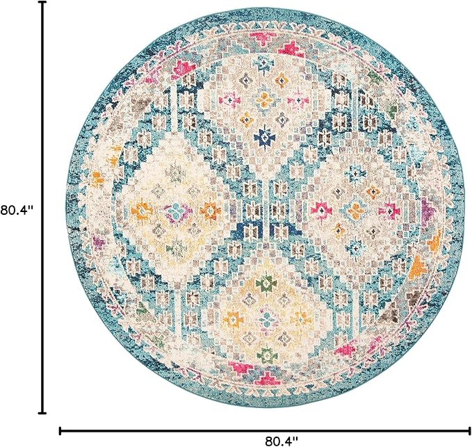 SAFAVIEH Madison Collection Area Rug - 6'7" Round, Dark Blue & Yellow, Boho Diamond Distressed Design, Non-Shedding & Easy Care, Ideal for High Traffic Areas in Living Room, Bedroom (MAD418N)