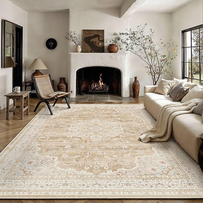 HUGEAR Machine Washable Area Rugs 9x12 Vintage Beige Brown Living Room Bedroom Rug Neutral Style Non Slip Stain Resistant Low Pile Throw Carpet for Home Retro Aesthetic Modern Decor