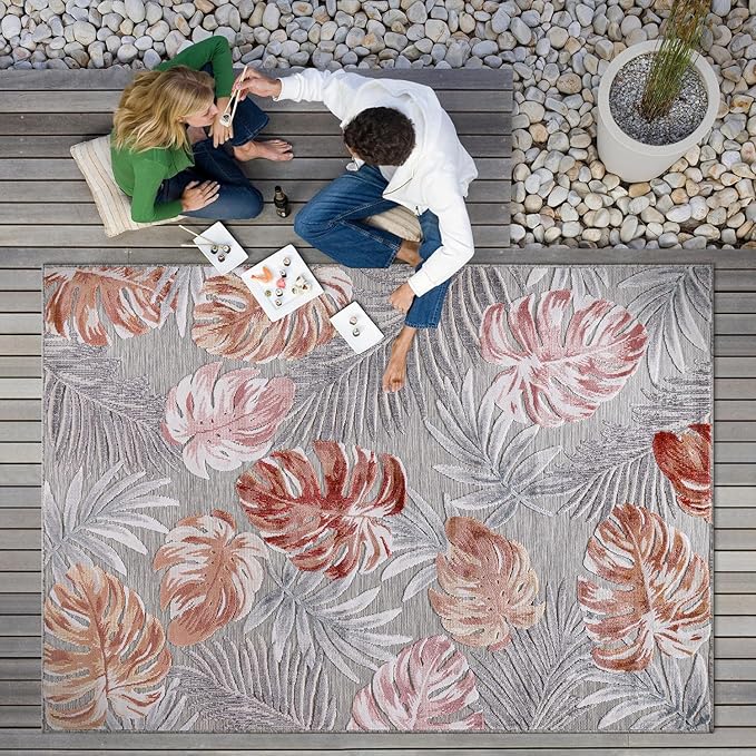 CAMILSON Indoor Outdoor Rug, Mult 9’x12’ Leaf Tropical Botanical Area Rugs for Indoor and Outdoor patios, Easy-Cleaning Non-Shedding Living Room, Garden and Kitchen Washable Outside Carpet (9x12)