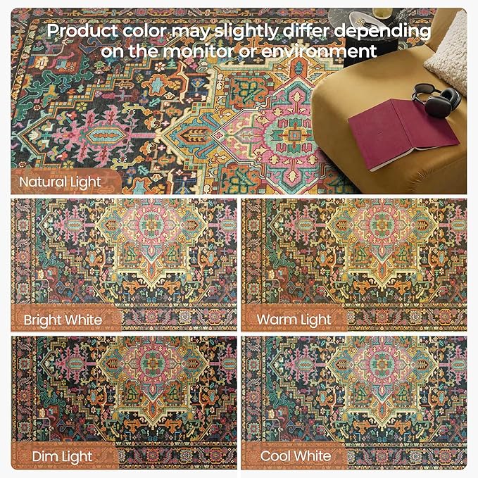 Kokia 8x10 Washable Black and Pink Area Rugs with Vintage Orient Design Soft Rug for Living Room or Bedroom Non-Slip Low Pile Stain Resistance Features Distressed Medallion Pattern