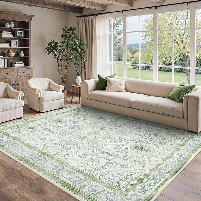 8x10 Area Rugs for Living Room, Machine Washable Non Slip Vintage Rugs, Low Pile Lightweigt Print Indoor Rug for Bedroom, Dining Room, Home Office, Cream Green
