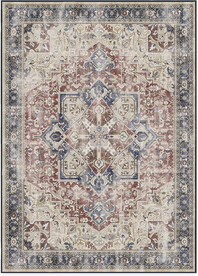 RUGGABLE Washable Area Rug – Kamran Royal Blue 10x14, Stain-Resistant, Non-Slip – Large Machine Washable Rugs for Living Room, Bedroom, Hallway, Entryway & Office–with Cushioned Pad