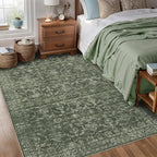 Washable Area Rug 5x7 Green Rugs for Living Room, Vintage Boho Large Rug for Bedroom Dining Room Office, Distressed Floral Print Carpet for Under Table, Soft Non Slip Low Pile Throw Carpet Indoor Mat