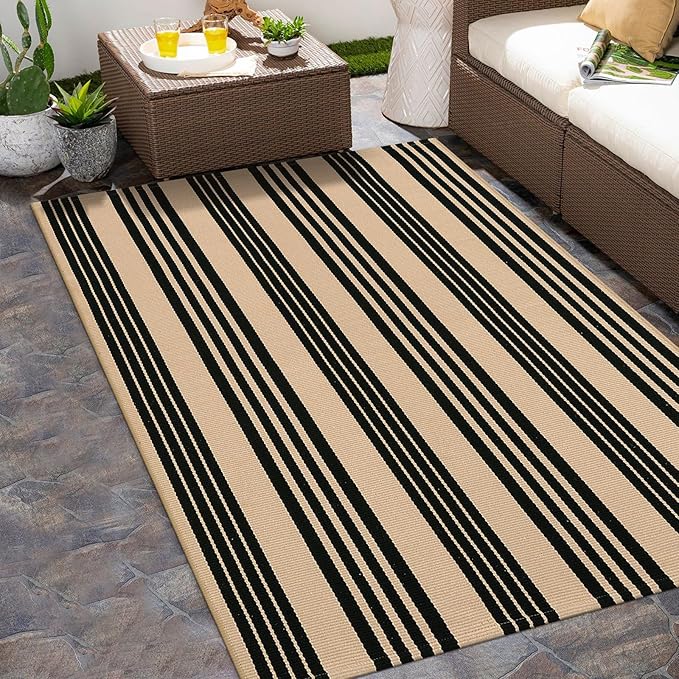 Black and Khaki Striped Outdoor Rug 4x6 ft, Washable Cotton Woven Patio Rug, Reversible Foldable Front Porch Decor Indoor Outdoor Rugs for Farmhouse/Living Room