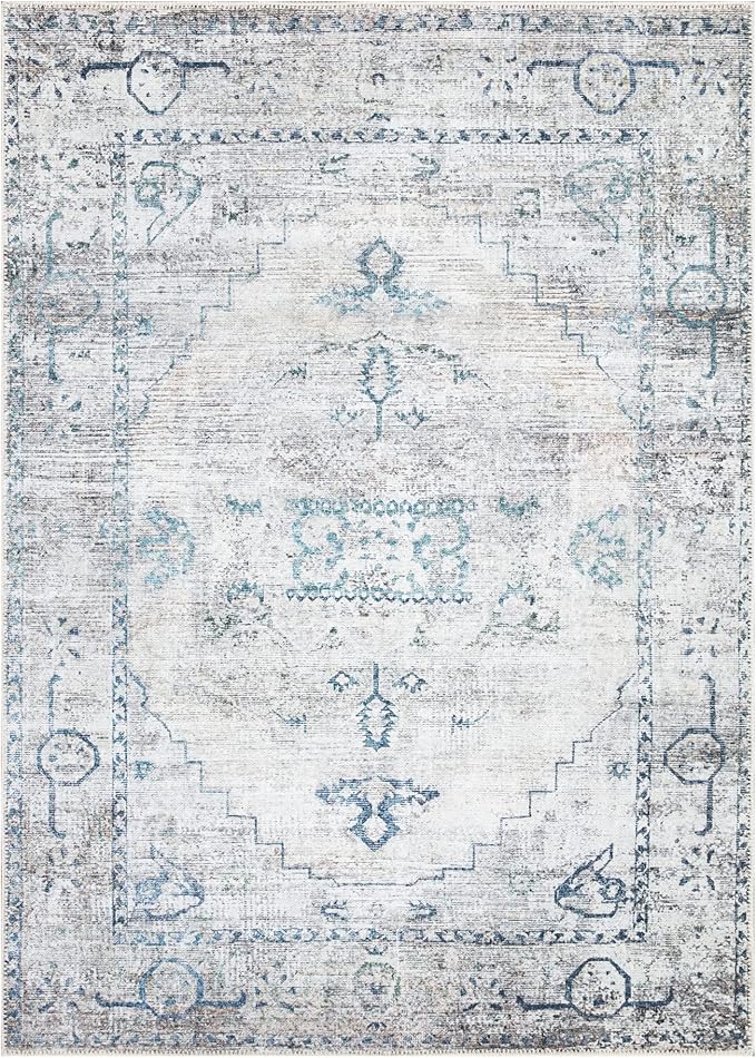 Bloom Rugs Washable Non-Slip 6' x 9' Rug - Teal/Beige Traditional Area Rug for Living Room, Bedroom, Dining Room, and Kitchen - Exact Size: 6' x 9'