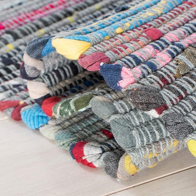SAFAVIEH Rag Rug Collection Accent Rug - 4' x 6', Aqua & Multi, Handmade Boho Stripe Cotton, Ideal for High Traffic Areas in Entryway, Living Room, Bedroom (RAR121K)