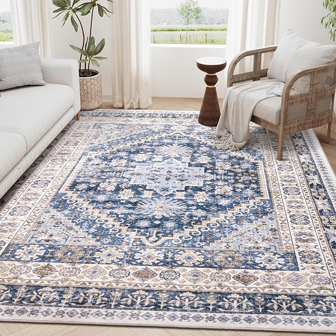 zesthome 6x9 Area Rug, Super Soft Washable Rugs for Living Room, Non-Slip Stain Resistant Vintage Rugs, Ultra-Thin Large Area Rugs (Blue/Beige,6'x9')