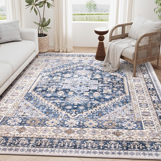 zesthome 3x5 Rug Ultra Soft Washable Rug, Non Slip Area Rug Indoor Entrance, Stain Resistant Rugs for Living Room Bedroom, Vintage Home Decor Area Rugs (Blue/Beige,3'x5')