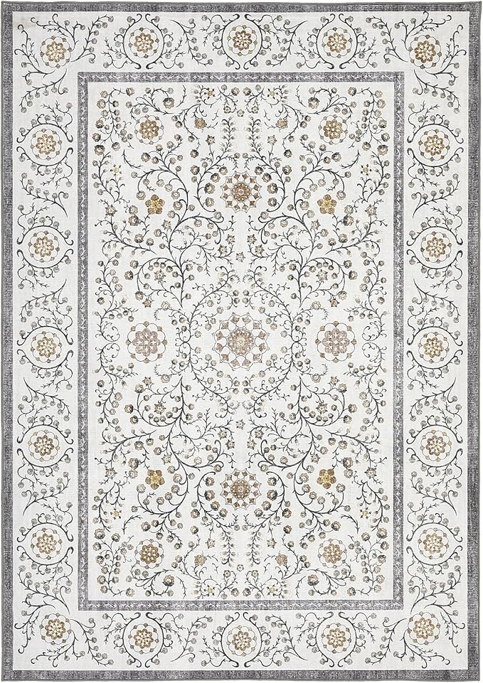 GarveeHome Boho 8x10 Area Rugs for Living Room, Floral Vintage Rugs for Bedroom with Soft Low Pile, Non Slip Stain Resistant Washable Rug 8x10 for Dining Room Grey Large Carpet for Office Playroom