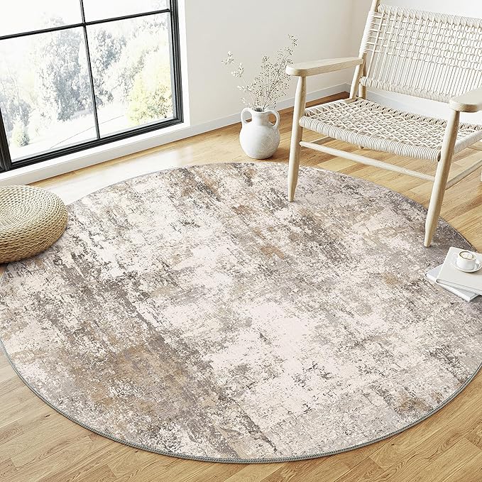 6x6 Washable Round Rug Brown Grey Abstract Living Room Bedroom Area Rug Neutral Modern Non Slip Soft Low Pile Indoor Carpet for Dining Room Office Entryway
