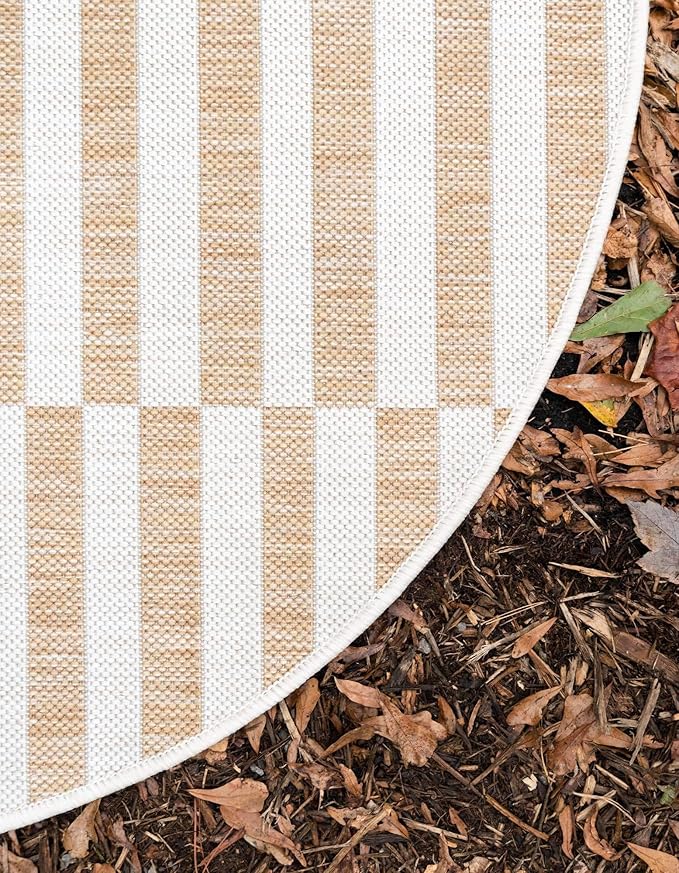 Unique Loom Outdoor Striped Collection Area Rug - Striped (4' 1" Round, Taupe/Ivory)