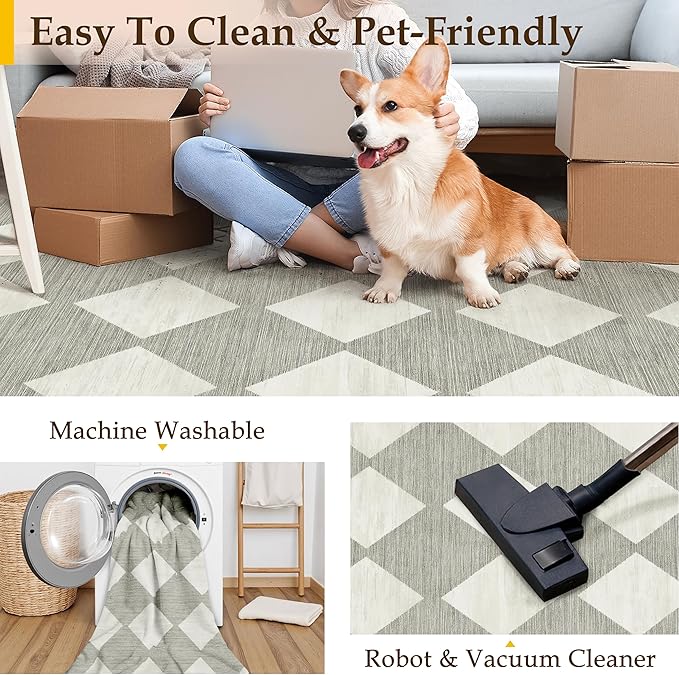 3x5 Checkered Area Rug Grey Machine Washable Small Rug Non-Slip Stain Resistant Low Pile Boho Accent Indoor Throw Carpet for Entryway Office Bedroom Dining Living Room