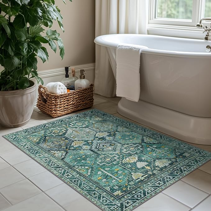 Bavni 2x3 Entryway Rug Bathroom Rugs for Front Door Bedroom Bathroom Kitchen, Washable Vintage Print Carpet, Ultra-Thin Chenille Lightweight Rug with Non Slip Backing, Dark Green