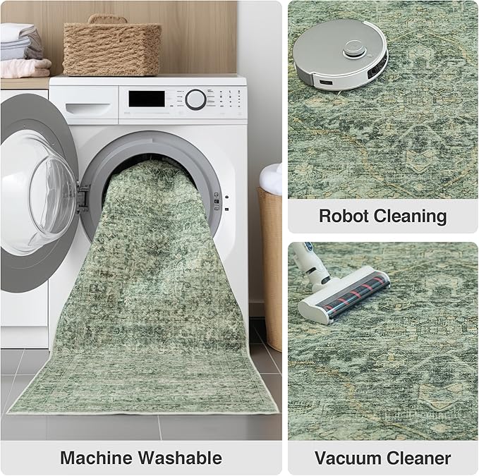 Fmfunctex 2x6 Runner Rug Green Vintage Neutral Washable Distressed Oriental Non Slip Low Pile Indoor Carpet Retro Hallway Entryway Rug for Kitchen Living Room Bedroom Bathroom Laundry Entrance Bedside