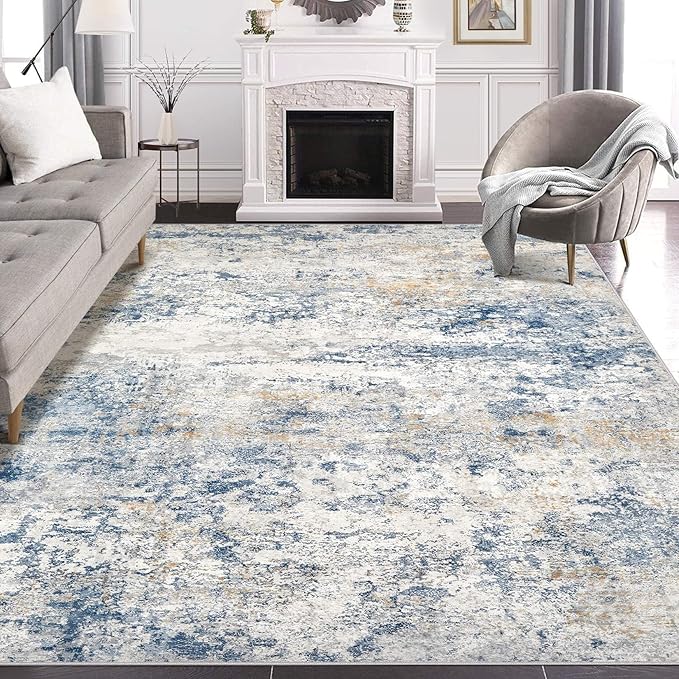 Area Rug Living Room Rugs - 8x10 Abstract Large Soft Indoor Washable Rug Neutral Modern Low Pile Carpet for Bedroom Dining Room Farmhouse Home Office - Blue