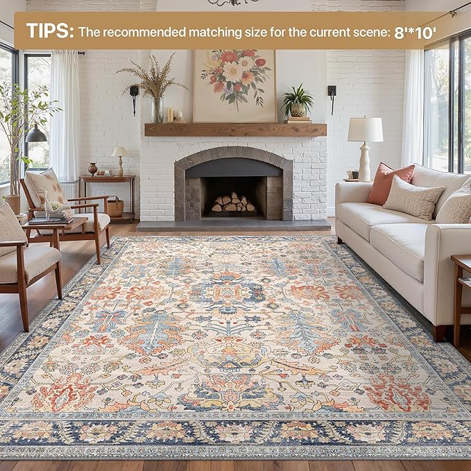 Bavni Washable Rug-6x9 Area Rugs for Bedroom Non-Slip, Ultra Thin Low Pile Living Room Rug, Modern Printed Decorative Rug for Dinning Room Office, Teal/Multi