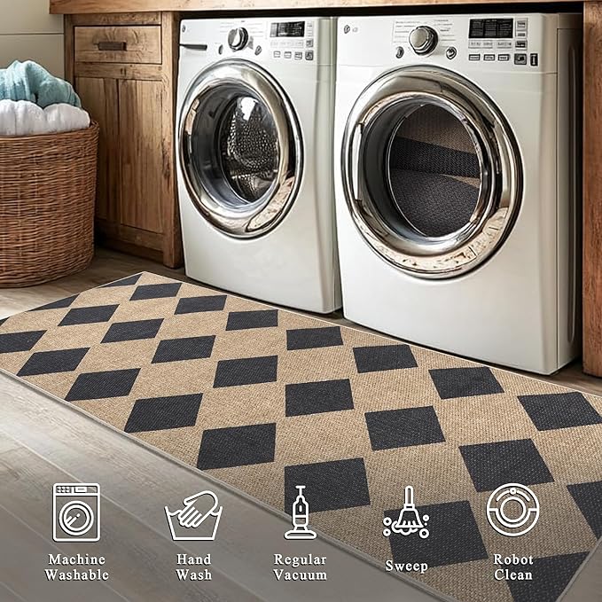 Checkered Easy Jute Runner Rug,2x6 Kitchen Runner Rugs for Hallway Non Slip Washable Checkered Indoor Outdoor Carpet for Laundry Room Bedroom Entry 6ft