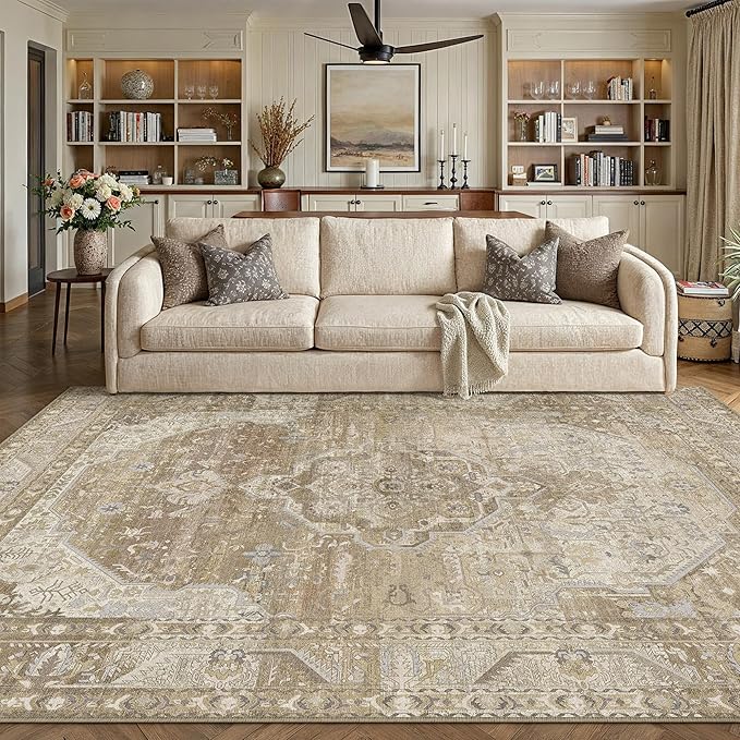 5x7 Washable Vintage Area Rug for Living Room Bedroom Non Slip Distressed Traditional Soft Large Throw Rug Beige Brown Low Pile Lightweight Floral Carpet Office Classroom Dining Laundry Room