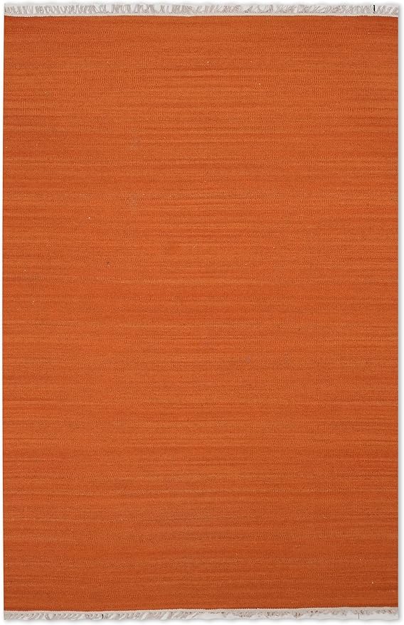 Rugsotic Carpets Hand Woven Flat Weave Kilim Wool 4'x6' Area Rug Solid Dark Orange D00111