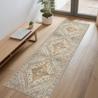 Bavni Runner Rug 2x10 Kitchen Rugs for Hallways Entryway, Washable Vintage Print Carpet, Ultra-Thin Chenille Low Pile Lightweight Rug with Non Slip Backing, Tan/Grey