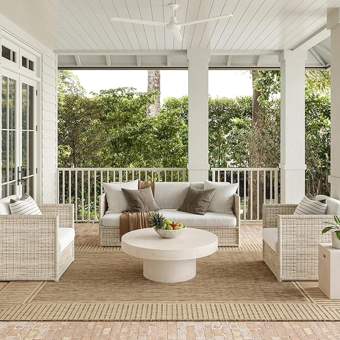 Nuloom Asha Light Brown/Ivory, 6'7" Square, Casual, Striped Border, Soft and Cozy, High Traffic, Stain Resistant, Easy Clean, Durable Area Rug for Indoor/Outdoor Patio, Deck, Porch, Garden, Courtyard