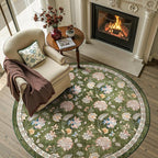 jinchan Elora 5ft Floral Round Rug for Entryway Washable Kitchen Rug Vintage Romance Design Non Slip Indoor Doormat Lightweight Low-Profile Throw Carpet for Living Room Dining Room Bedroom, Green